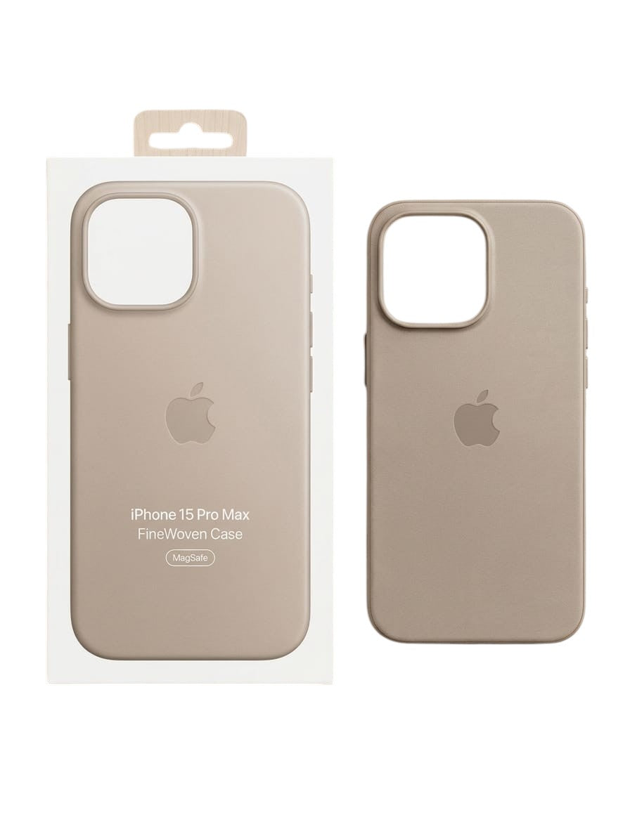 OBtech iPhone 15 Pro Max Fine Woven MagSafe case in taupe with retail packaging on a light wood surface
