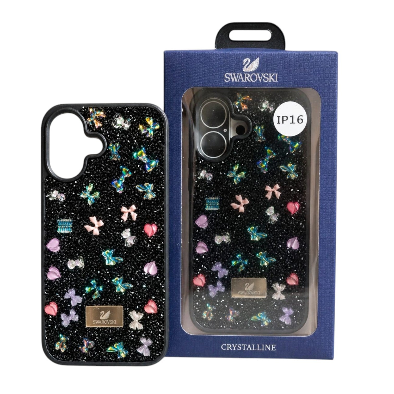 OBtech iPhone 16 black glitter case with colorful crystal butterfly and heart embellishments in retail packaging