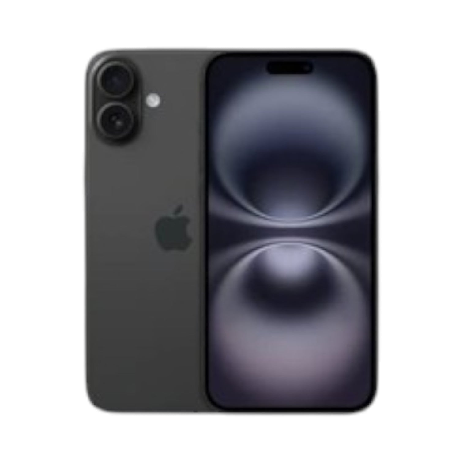 OBtech iPhone 16 in black with a dual-camera system and Super Retina XDR display showing a sleek interface