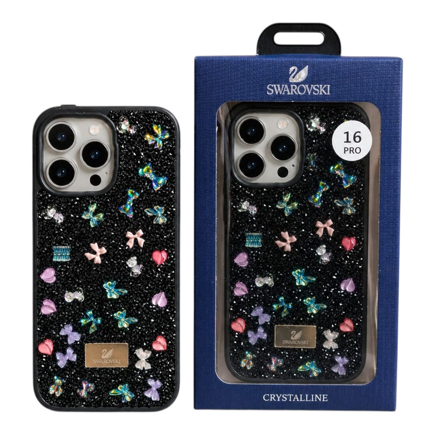 OBtech iPhone 16 Pro case with black glitter finish and decorative Swarovski crystal butterfly and heart charms.