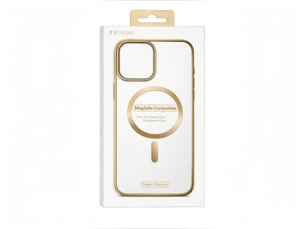 OBtech transparent MagSafe-compatible case for iPhone 16 Pro with gold accents in retail packaging