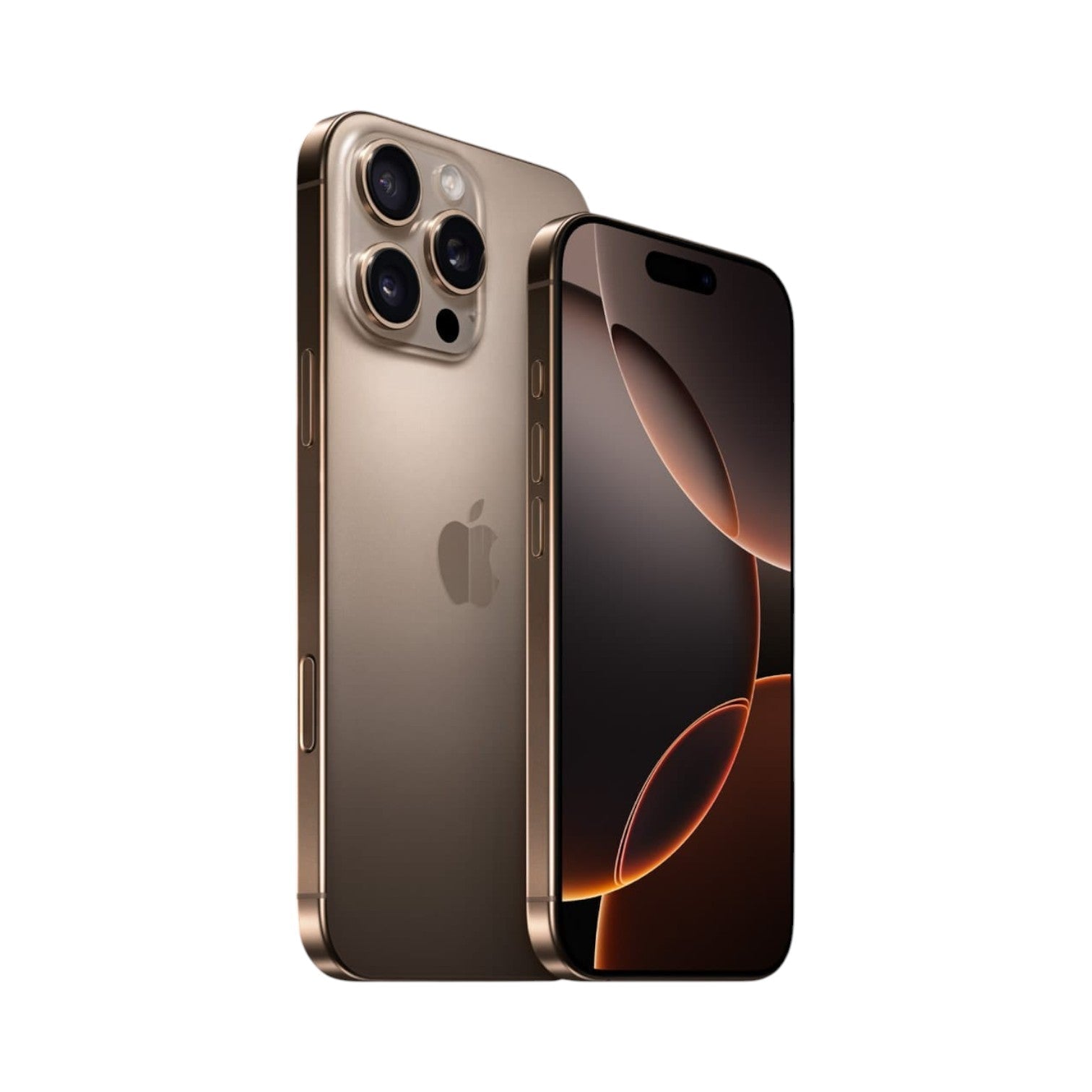 OBtech iPhone 16 Pro Max in desert titanium with triple camera system and 6.9-inch Super Retina XDR display