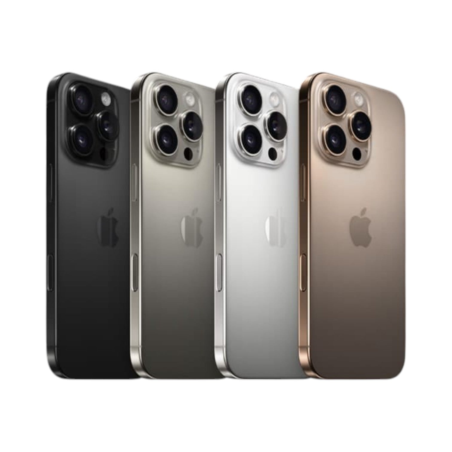OBtech iPhone 16 Pro Max smartphones in four different titanium finishes, showing the triple camera system.