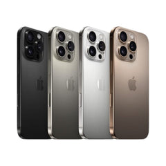 OBtech iPhone 16 Pro Max smartphones in four different titanium finishes, showing the triple camera system.