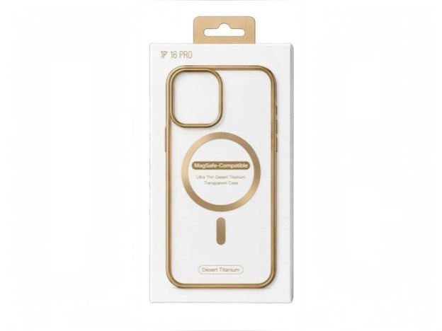 OBtech transparent MagSafe compatible case for iPhone 16 Pro in desert titanium finish inside retail packaging