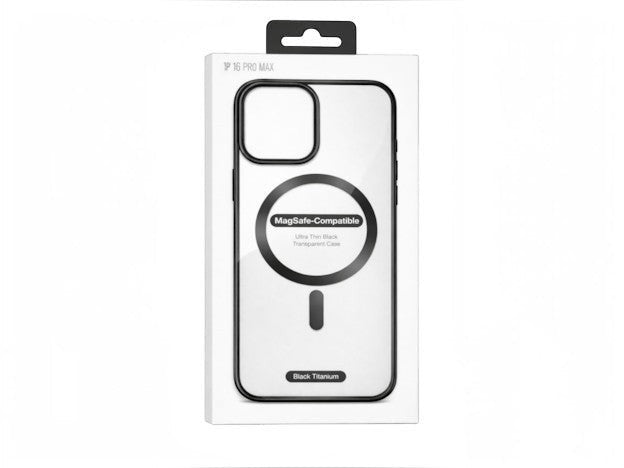 OBtech transparent MagSafe compatible case for iPhone 16 Pro in retail packaging with black frame details