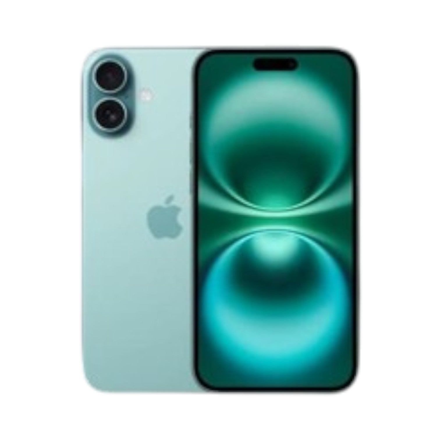 OBtech iPhone 16 in teal with a dual-camera system and vibrant Super Retina XDR display showing a green abstract wallpaper