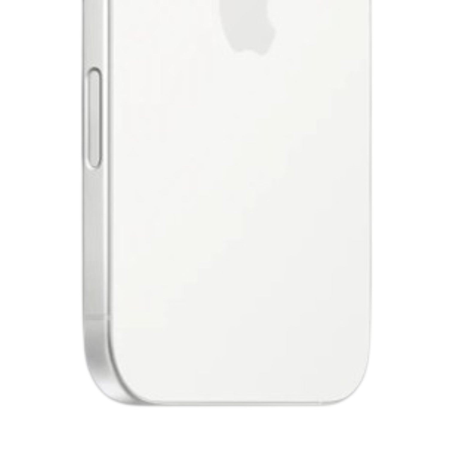 Close-up of the white back panel and side frame of an OBtech iPhone 16 showing the Apple logo and volume button.