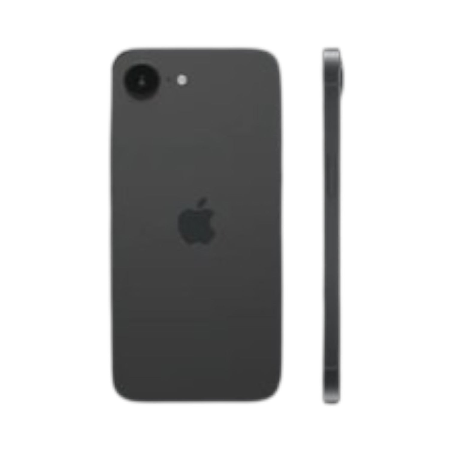 OBtech iPhone 16e smartphone in black showing the rear camera lens, Apple logo, and slim side profile view.