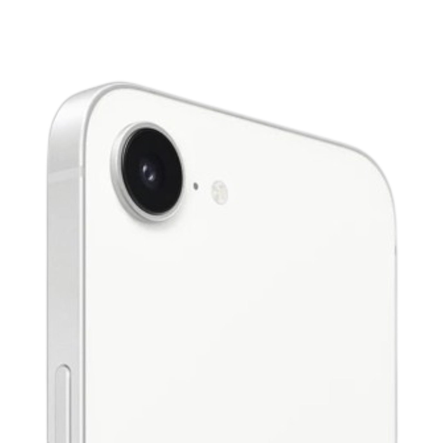 Close-up of the white OBtech iPhone 16e rear camera lens and sleek durable casing