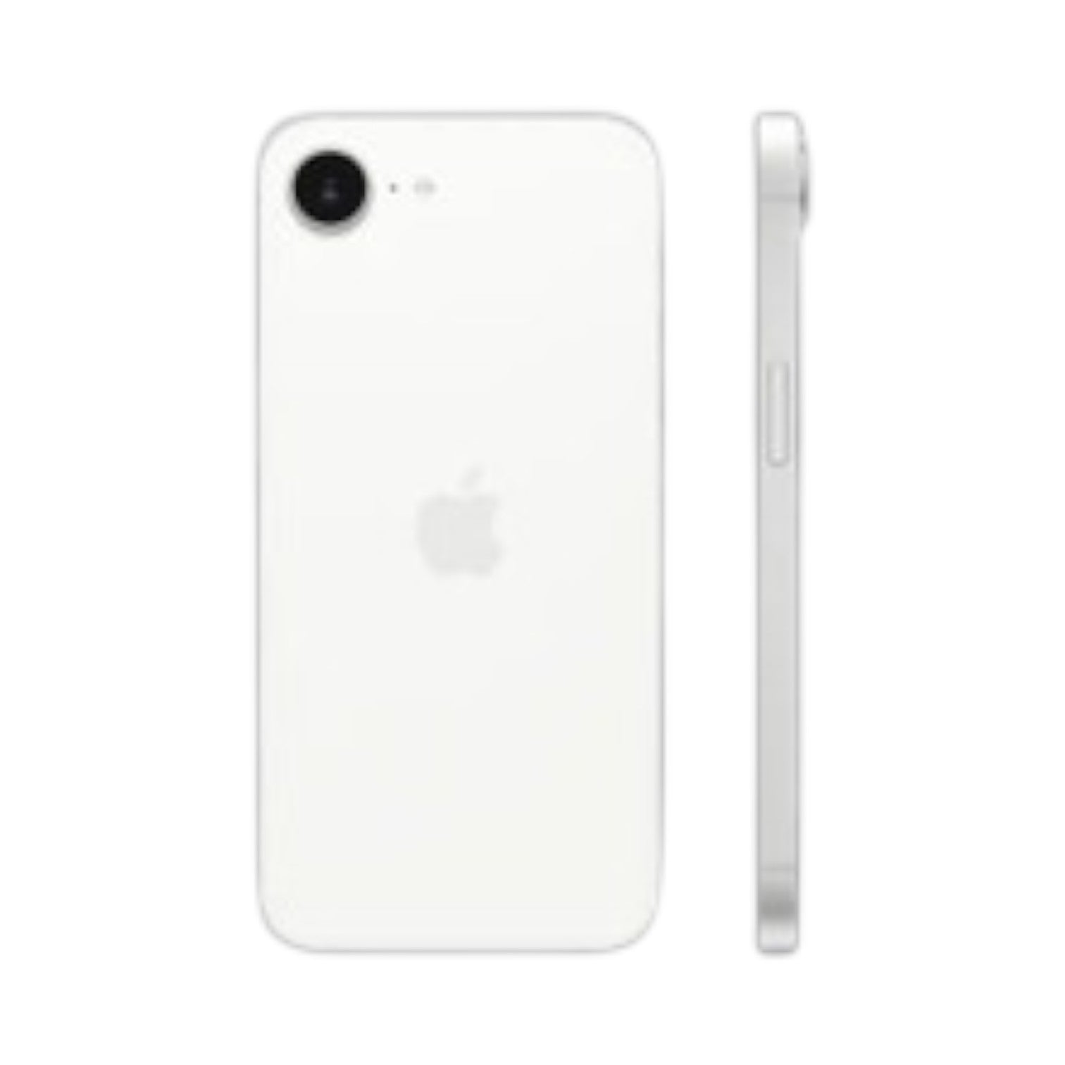 OBtech white iPhone 16e smartphone shown from the back and side profile with a single camera lens