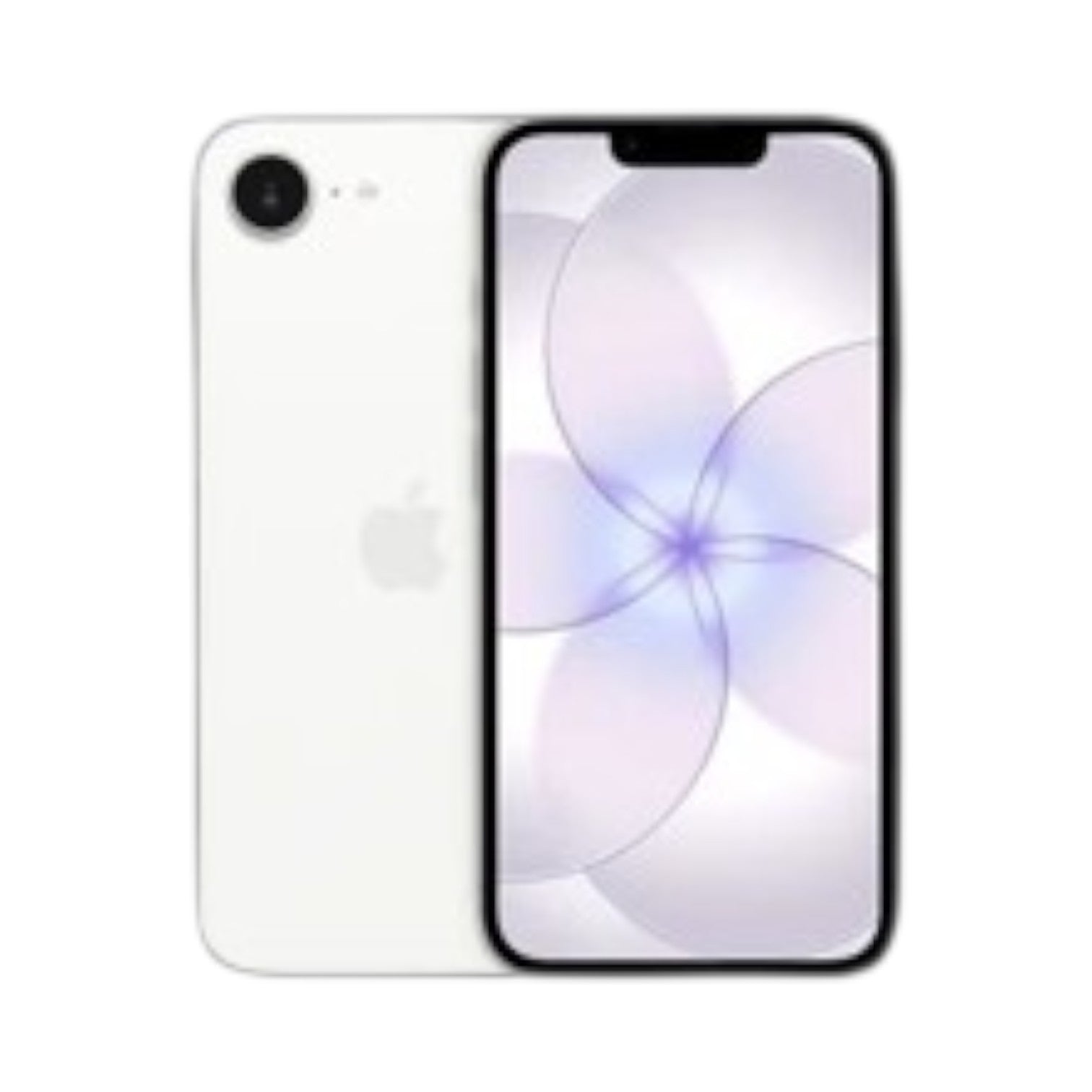 OBtech white iPhone 16e smartphone showing front display and rear camera system with a floral wallpaper