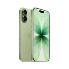 OBtech iPhone 17 in light green with dual camera system and vibrant floral display wallpaper