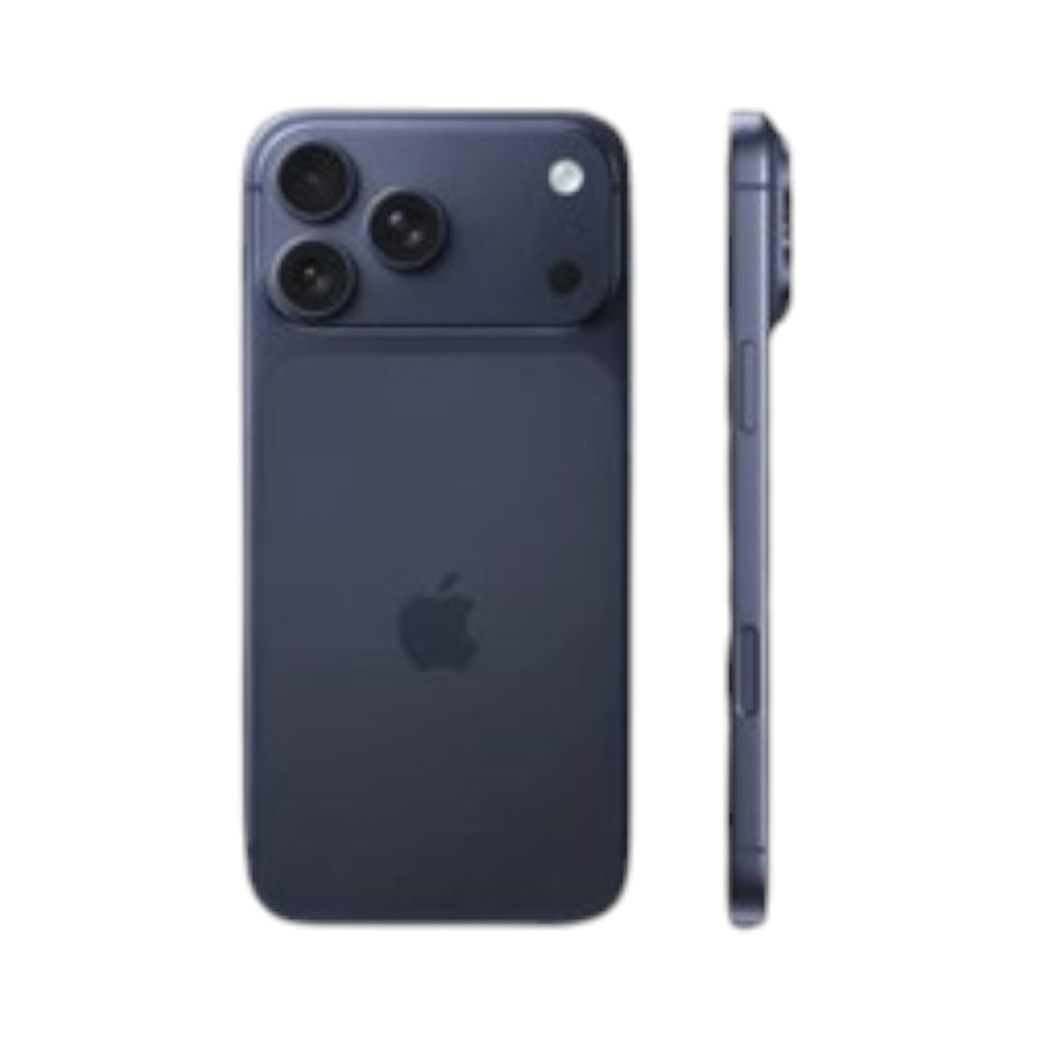 OBtech iPhone 17 Pro Max in dark blue titanium with a triple-lens camera system, shown from back and side angles.