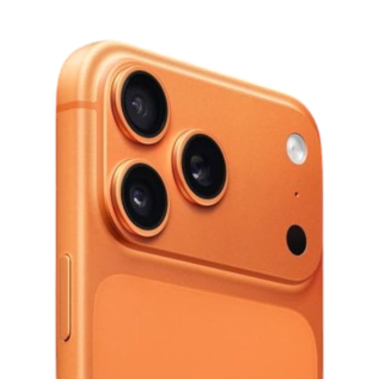 OBtech iPhone 17 Pro Max in vibrant orange titanium with a triple-lens pro camera system and sleek matte finish.