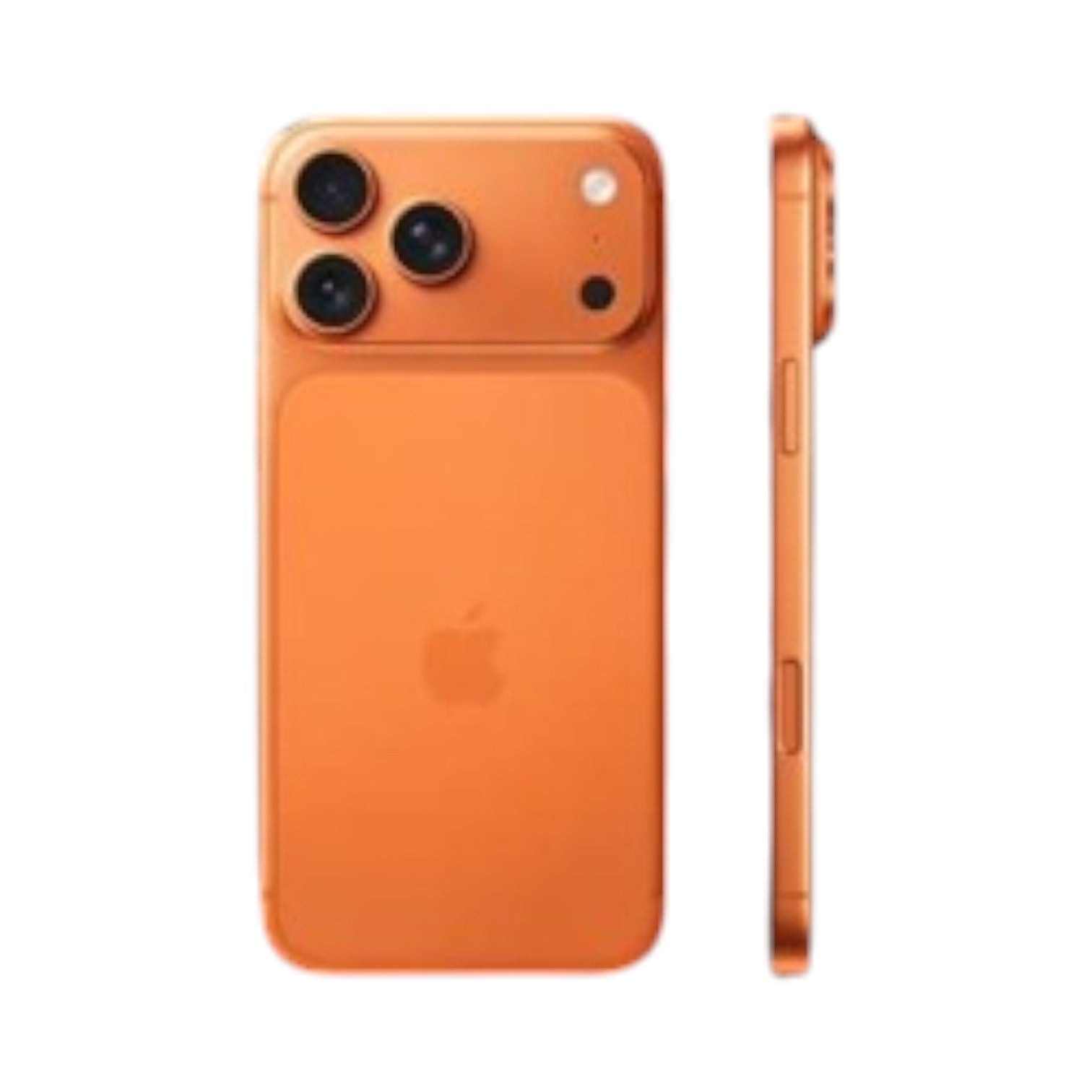 OBtech iPhone 17 Pro Max in vibrant orange with a premium titanium finish, showing rear camera and side profile views.