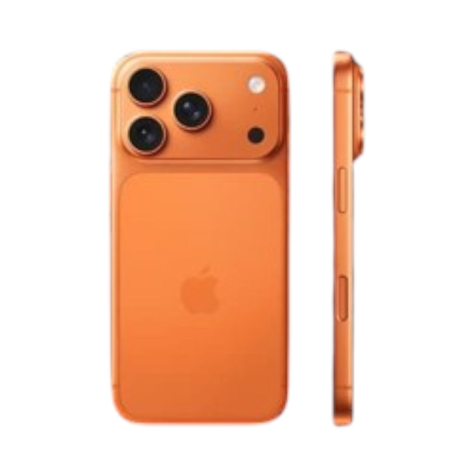 OBtech iPhone 17 Pro in vibrant orange with a triple-lens camera system, shown from the back and side profiles.
