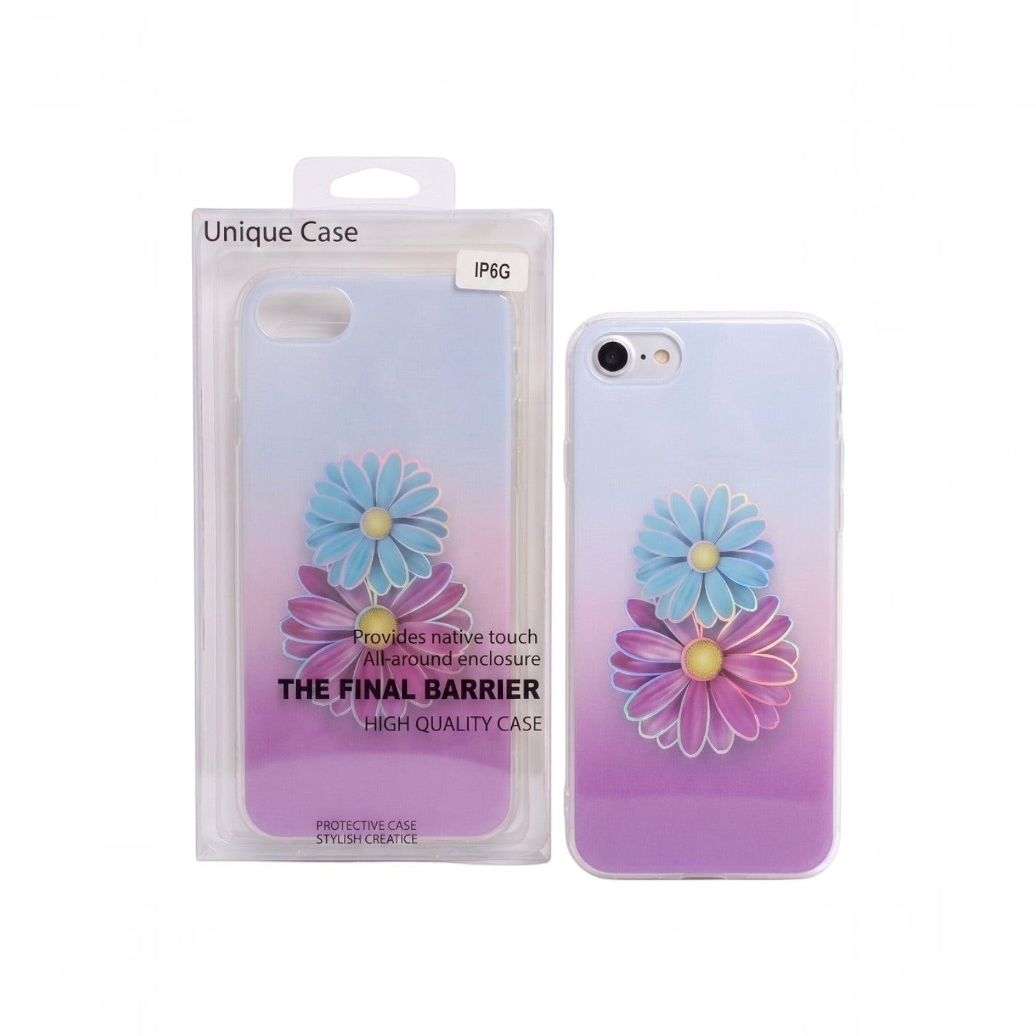 OBtech iPhone 6 protective case featuring a blue and purple floral gradient design in retail packaging