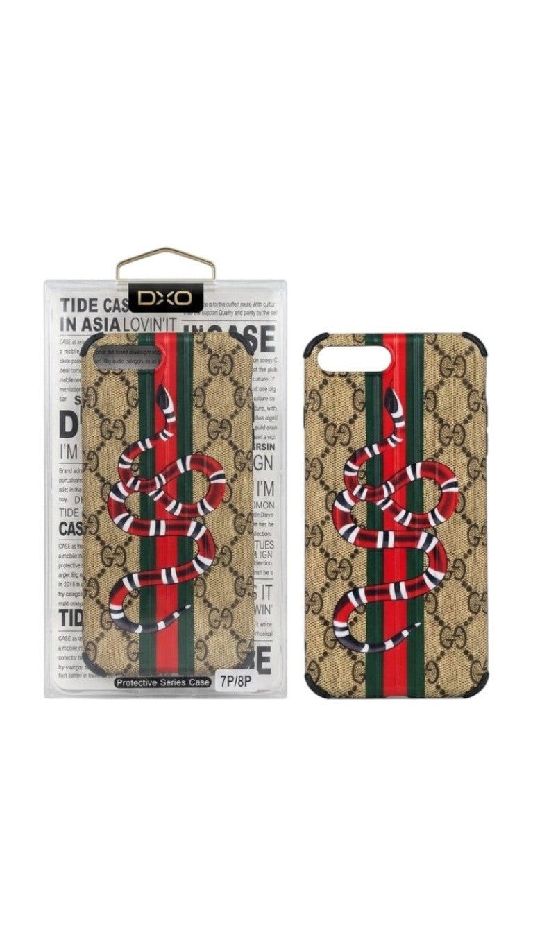 OBtech iPhone 7 Plus and 8 Plus protective case featuring a beige monogram pattern with a red-green stripe and snake.
