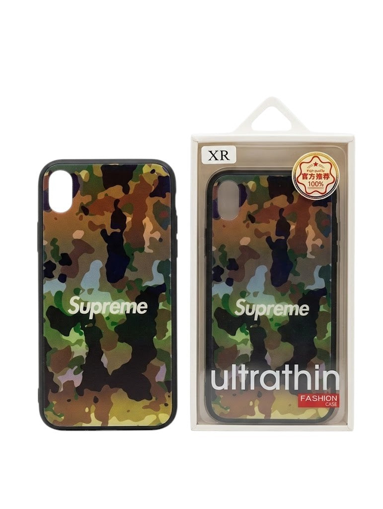 OBtech iPhone Supreme Design Cover in camouflage print with a slim, shock-resistant finish and protective packaging.