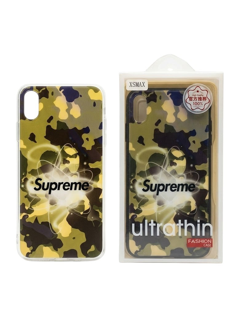 OBtech iPhone Supreme Design Cover featuring a green camouflage pattern and central graphic in retail packaging