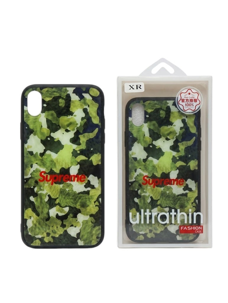 OBtech iPhone Supreme Design Cover featuring a green and black camouflage pattern with a red logo in retail packaging