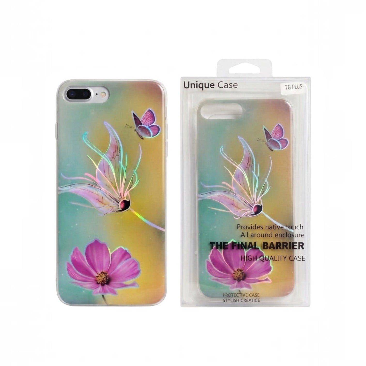 OBtech iPhone 6 floral design case with iridescent butterfly and flower graphics in protective retail packaging