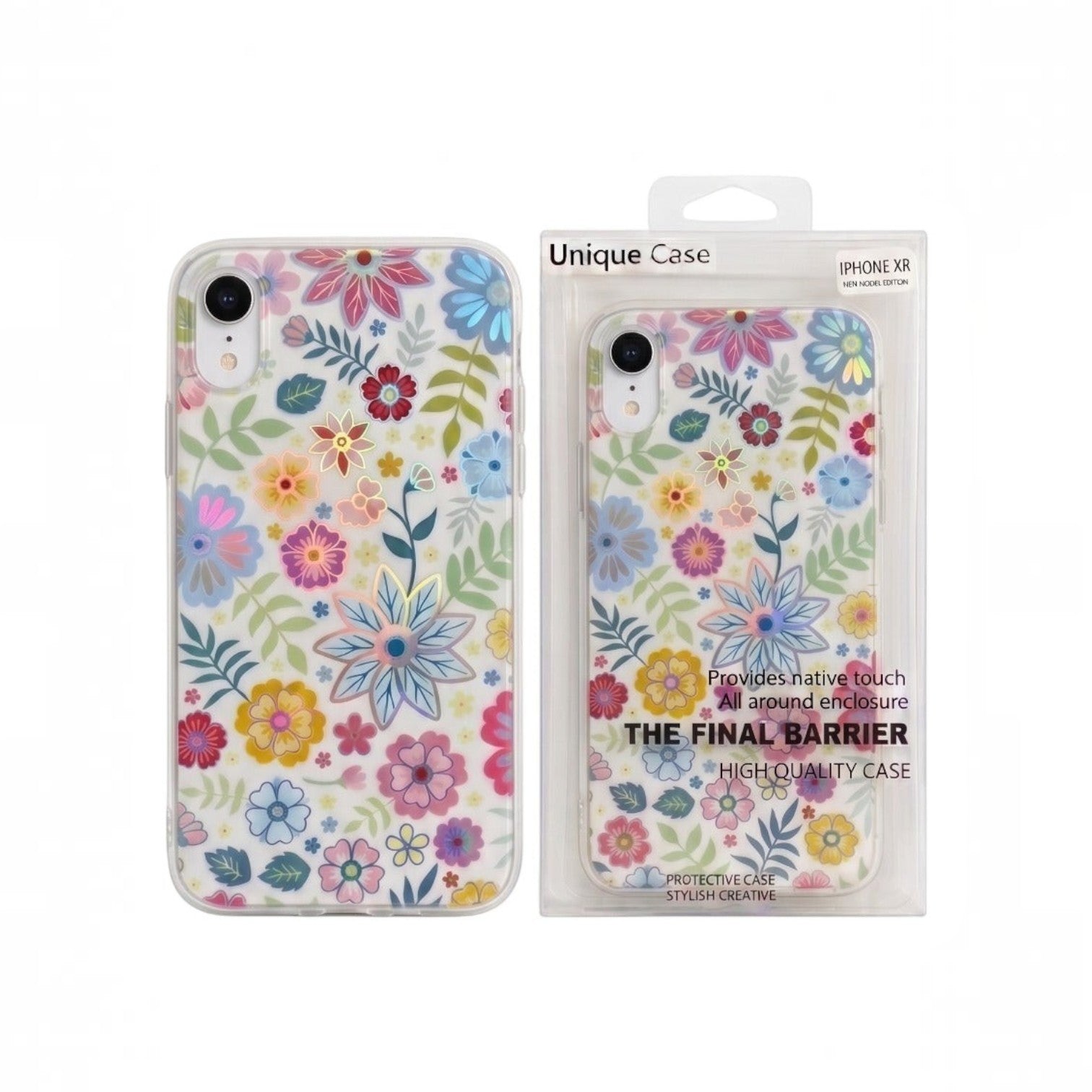 OBtech iPhone floral design protective case with colorful flower pattern and clear slim finish in retail packaging