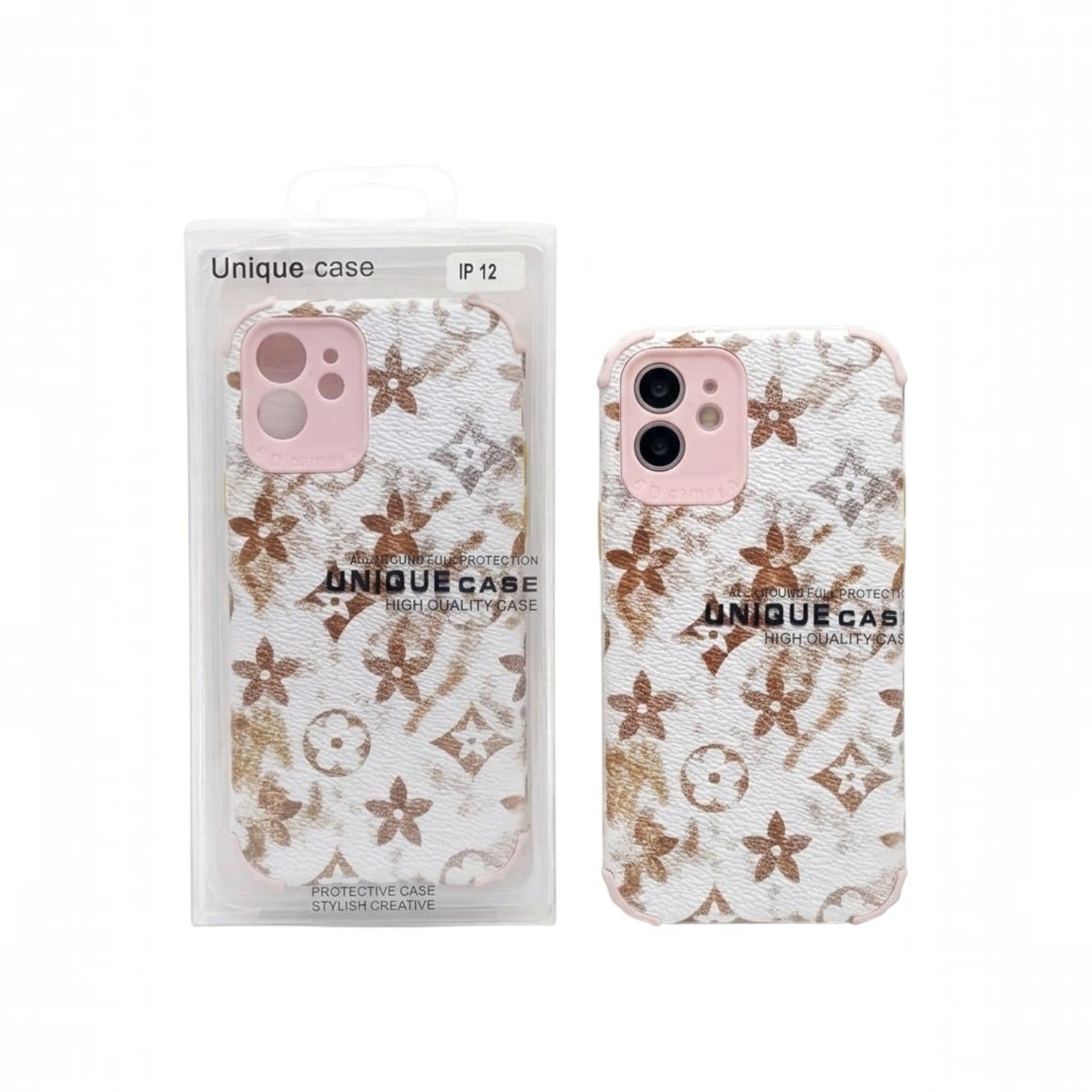 OBtech iPhone floral pattern protective case with pink camera frame and textured white and brown finish