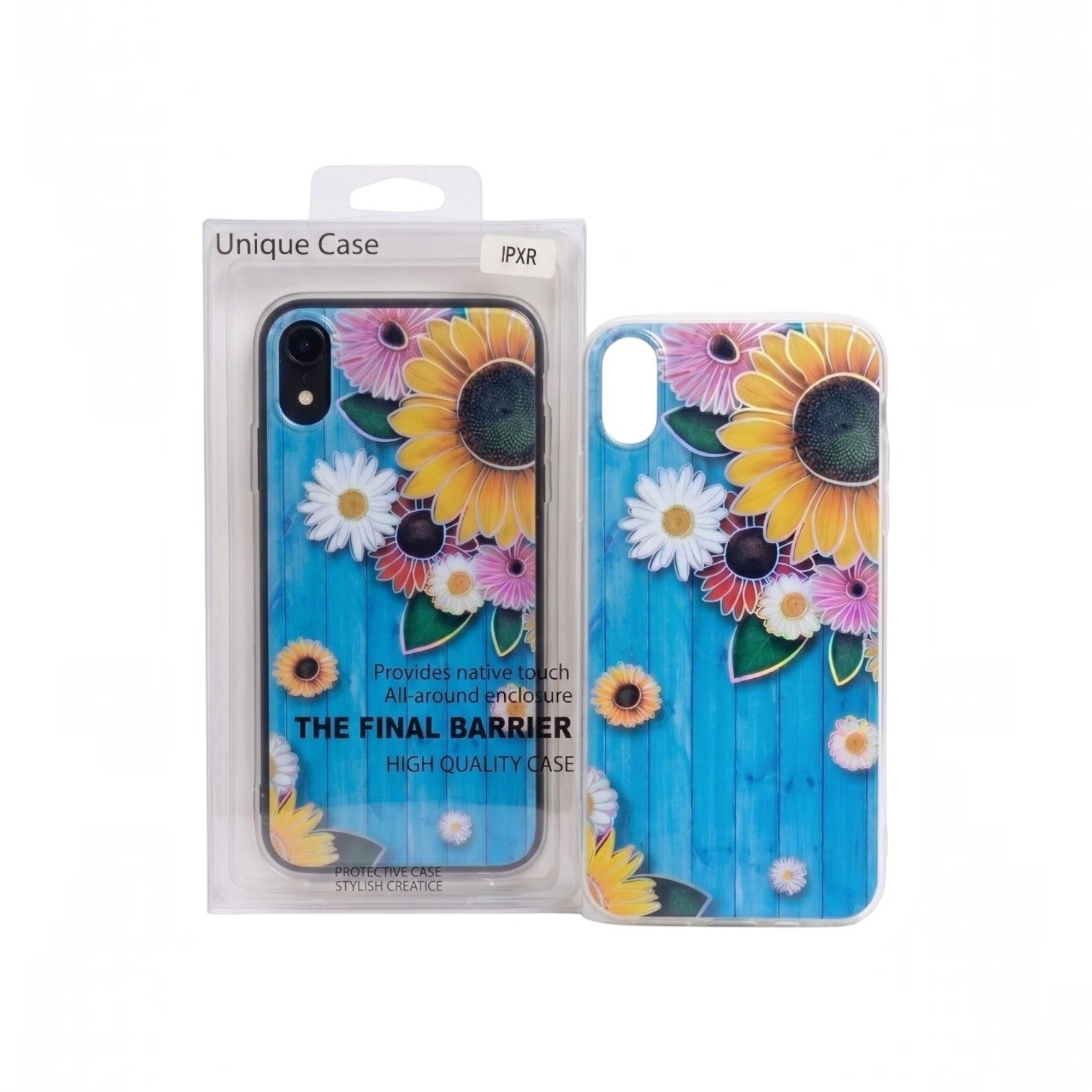 OBtech iPhone floral design protective case with sunflower and daisy print on a blue wood-effect background