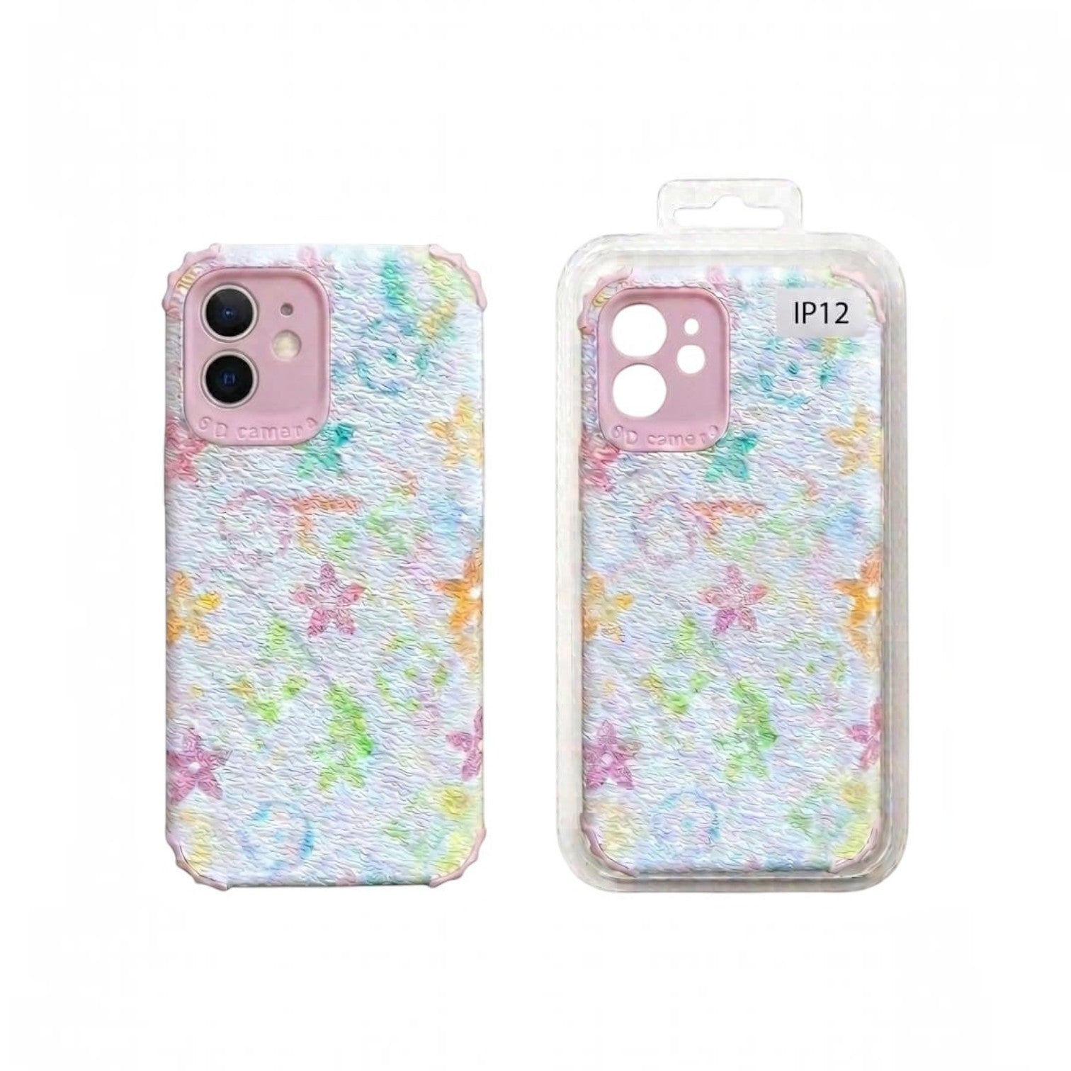 OBtech iPhone 6 protective case with a textured pastel floral pattern and pink camera frame in retail packaging