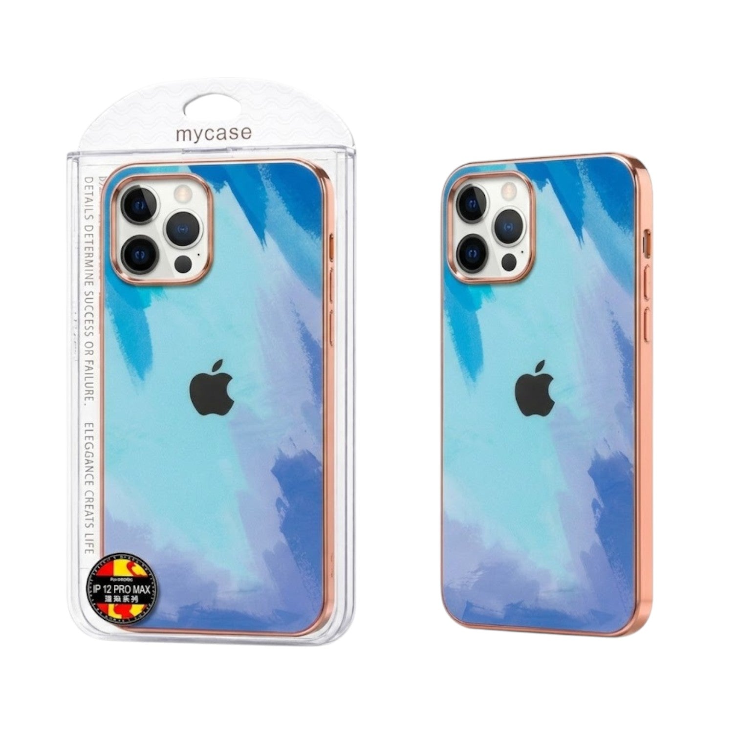 OBtech iPhone silicone case with blue and purple paint splatter design and metallic rose gold frame