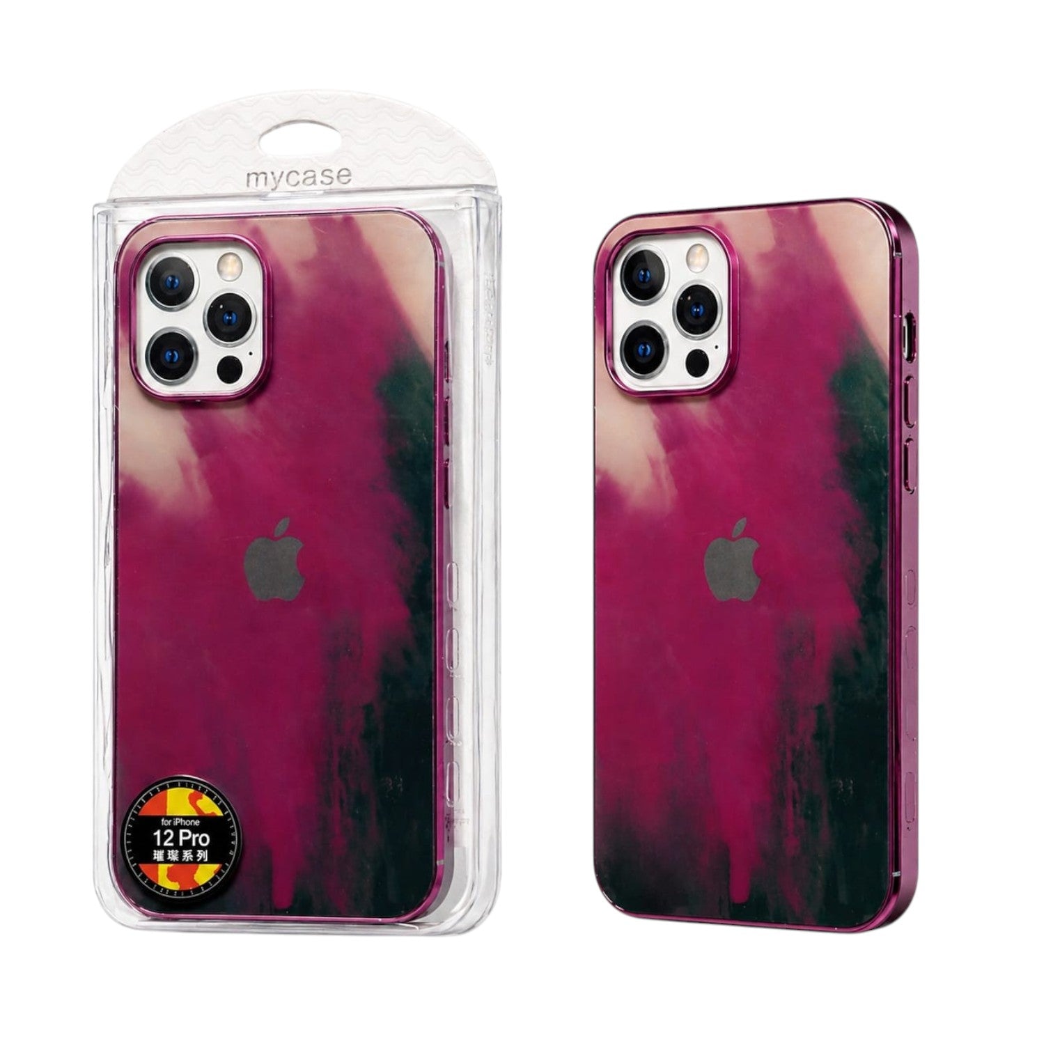 OBtech iPhone Paint Spoil silicone case with artistic magenta and black splatter design and protective camera frame