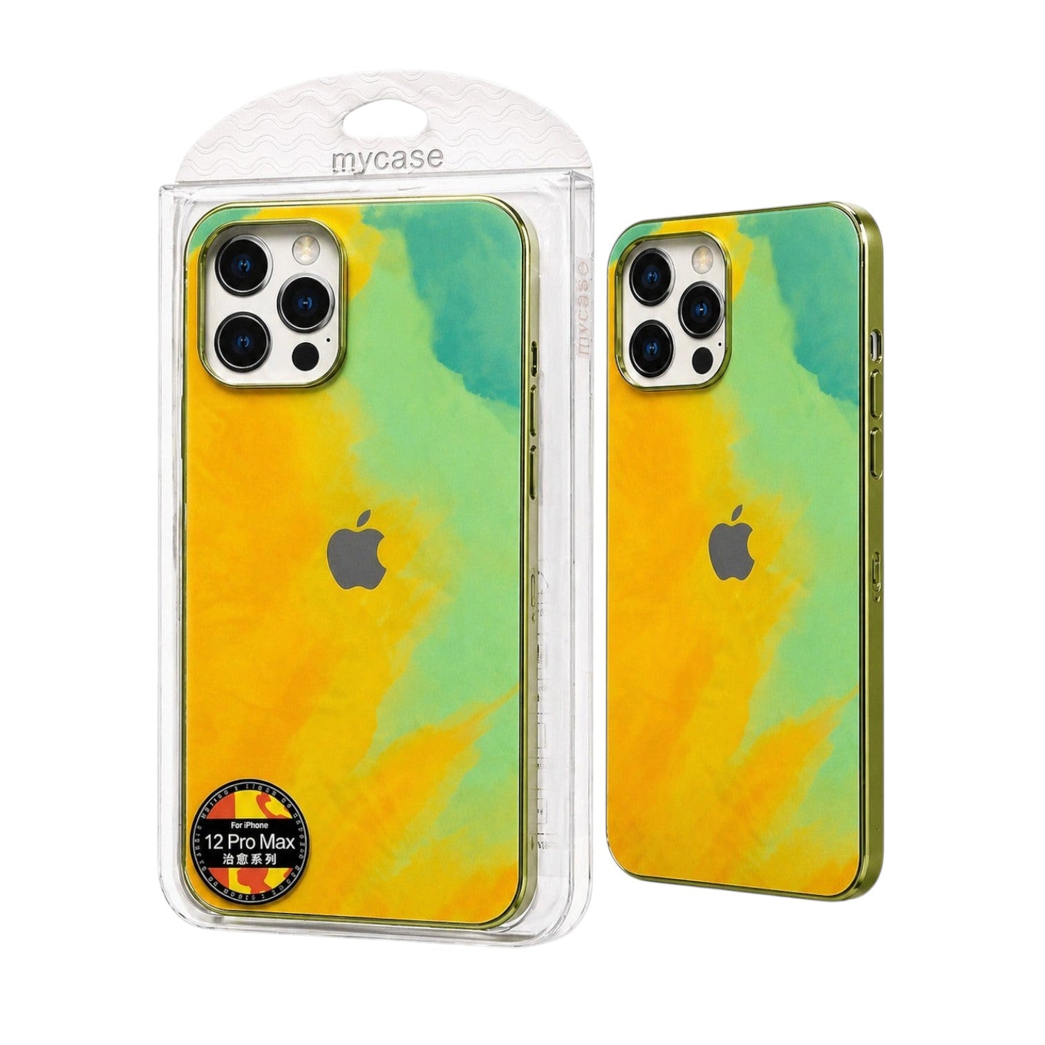 OBtech iPhone Paint Spoil silicone case featuring a vibrant yellow and green abstract paint splatter design.