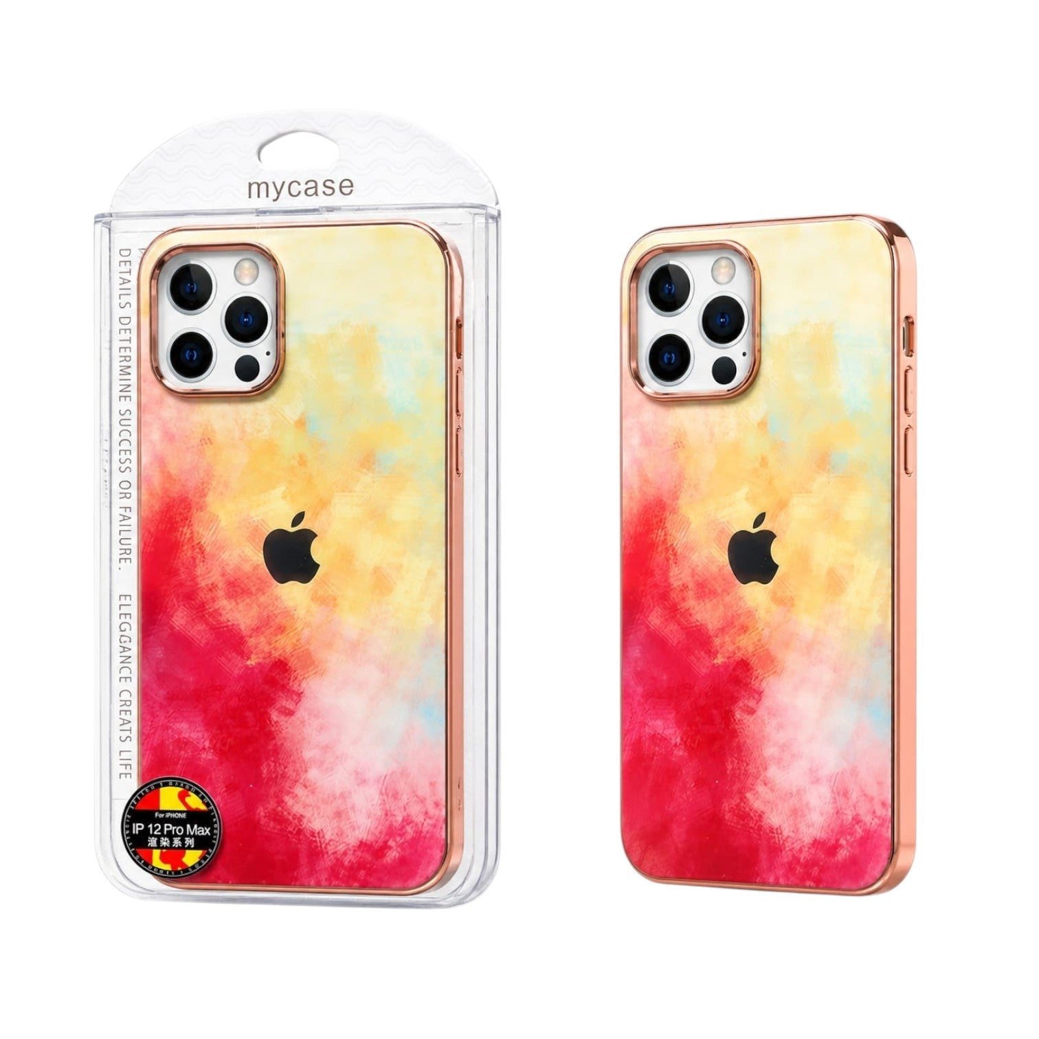 OBtech iPhone silicone case featuring a vibrant red and yellow paint splatter design with metallic rose gold edges