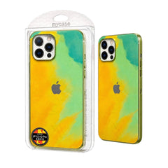 OBtech iPhone silicone case with a vibrant yellow and green paint splatter design and shock-absorbing protection.