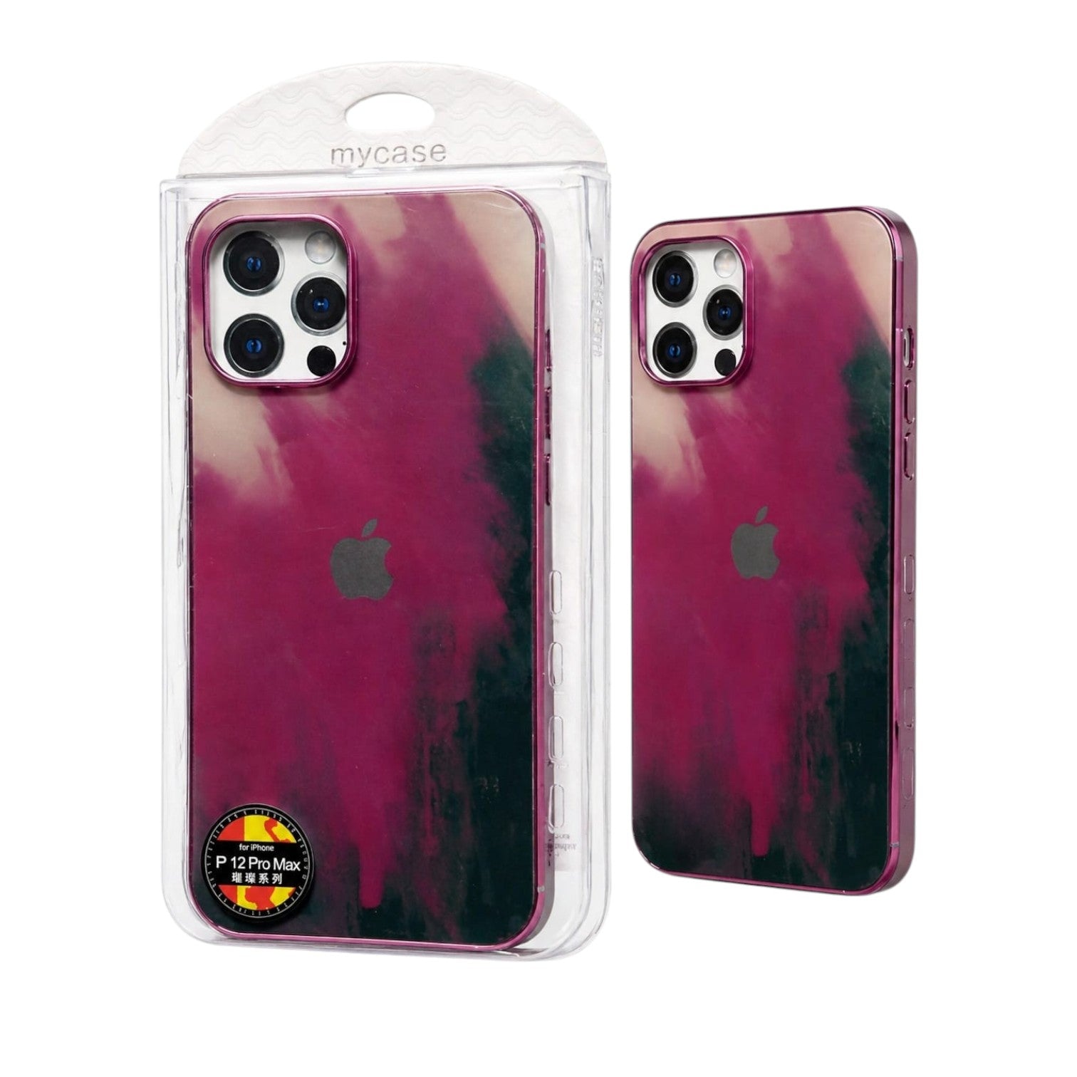 OBtech iPhone Paint Spoil silicone case in magenta and black with artistic splatter design and protective packaging.