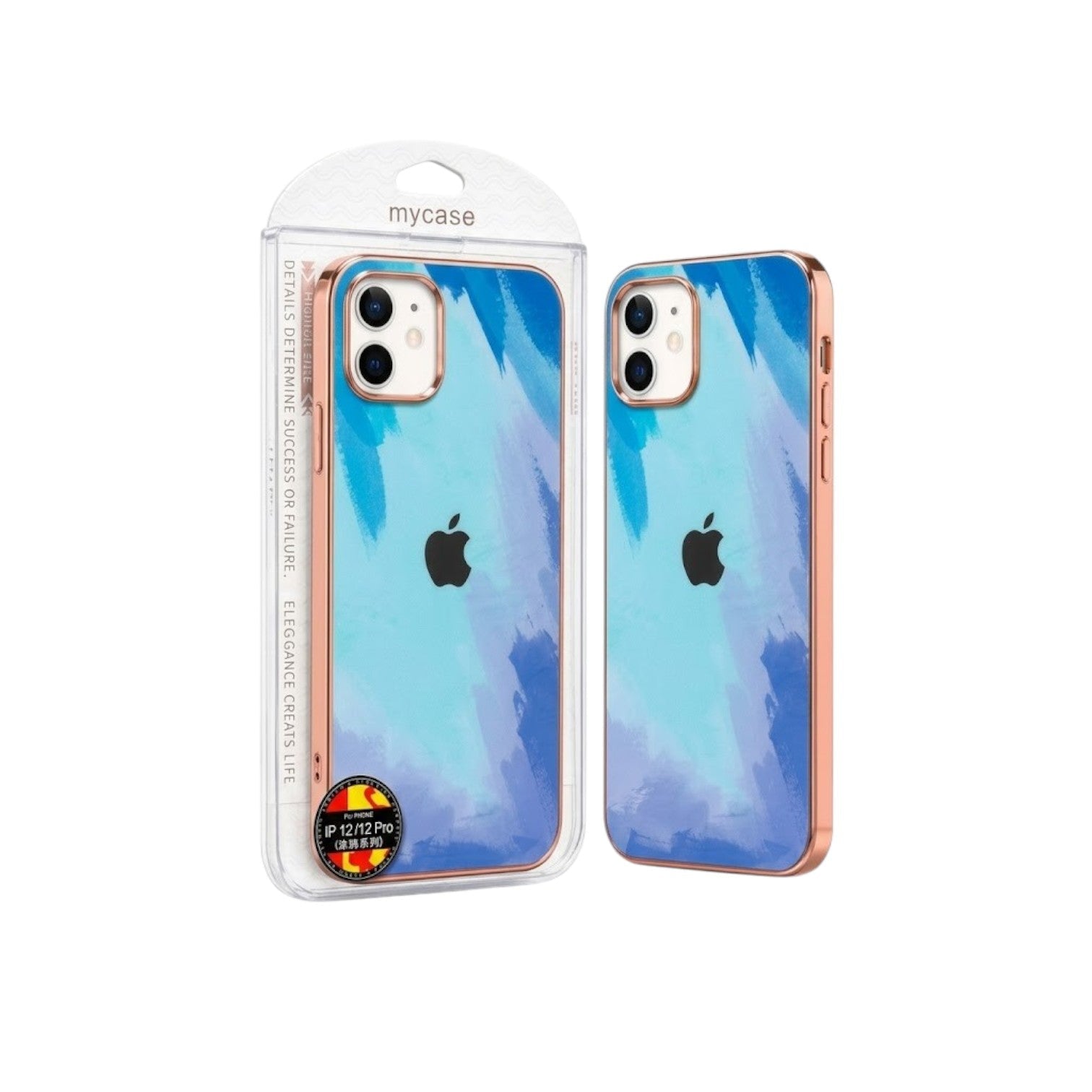 OBtech iPhone Paint Spoil silicone case with blue artistic paint-splatter pattern and metallic rose gold trim.