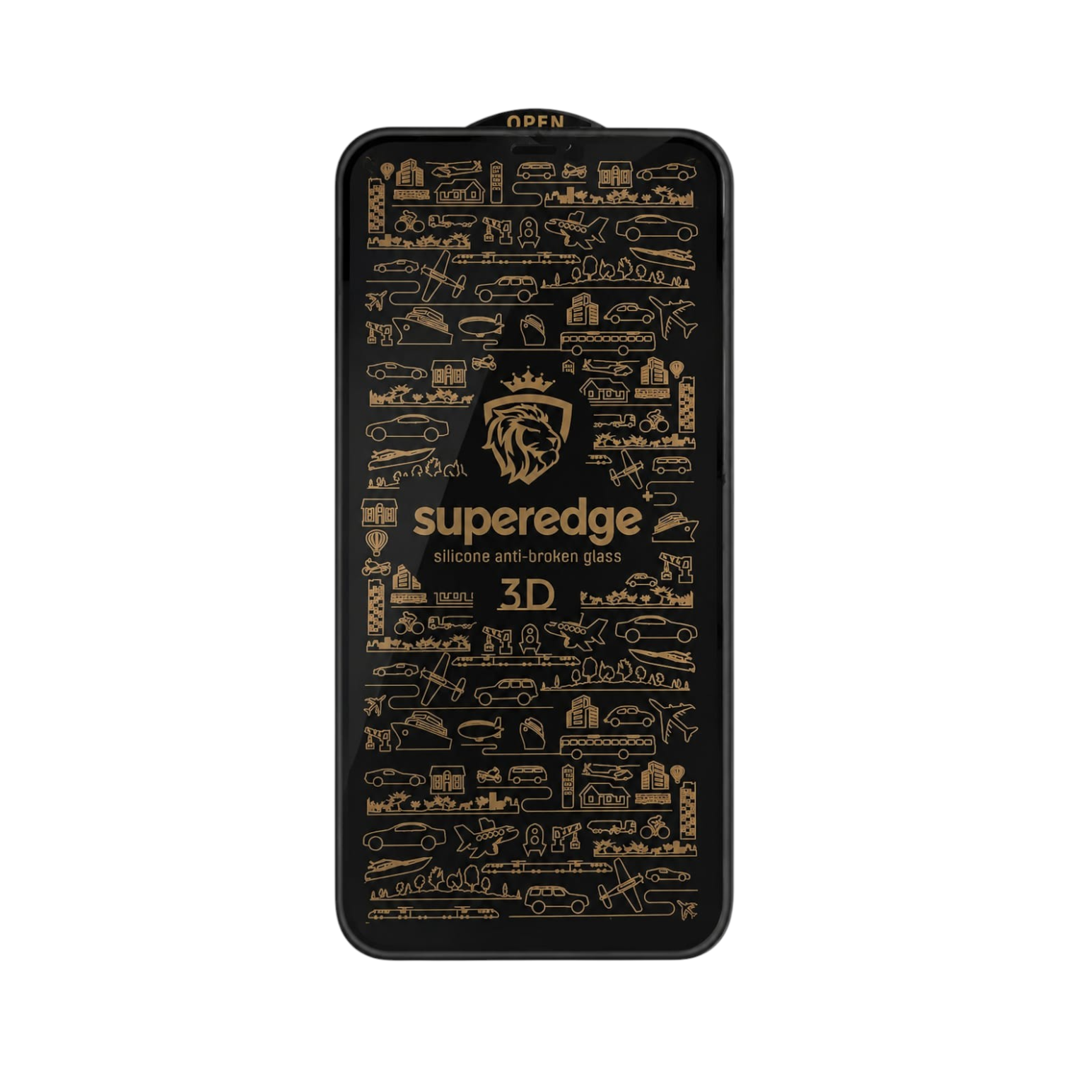 OBtech Super Edge iPhone privacy glass screen protector with anti-broken borders and gold line art pattern