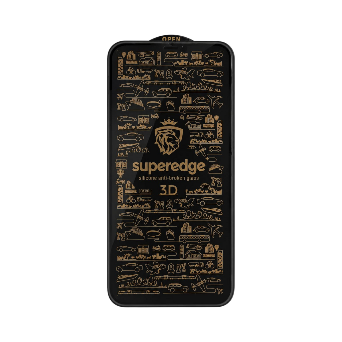 OBtech Super Edge iPhone privacy glass screen protector with anti-broken borders and gold line art pattern