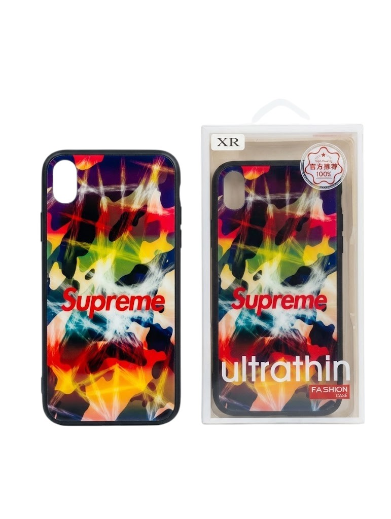 OBtech iPhone Supreme Design Cover featuring a vibrant multi-colored abstract camouflage pattern in a retail box
