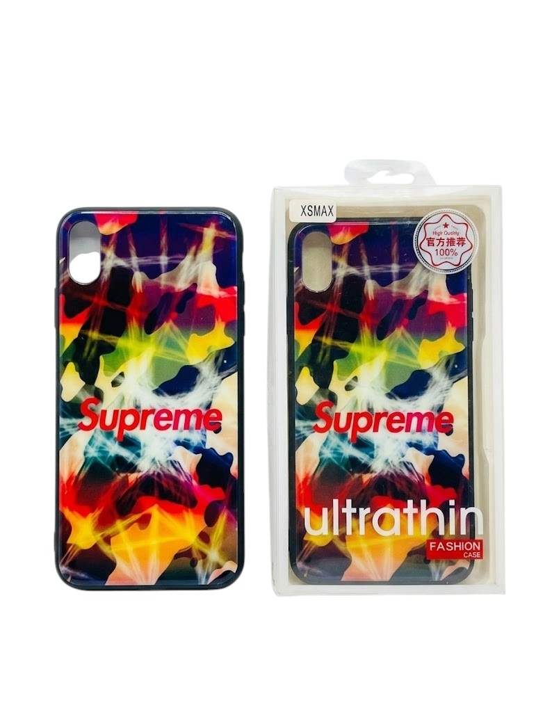OBtech iPhone Supreme design cover featuring a vibrant multi-colored abstract pattern and protective packaging.