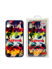 OBtech iPhone Supreme design cover featuring a vibrant multi-colored abstract pattern and protective packaging.