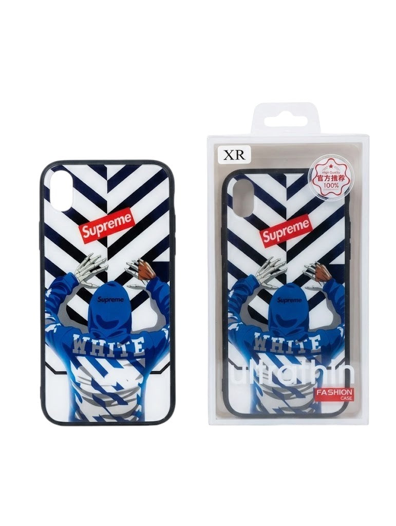 OBtech iPhone Supreme design cover featuring a blue hoodie graphic and black and white diagonal stripes