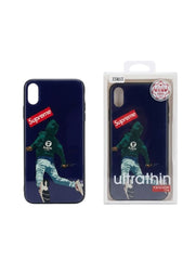 OBtech iPhone Supreme design cover featuring a streetwear graphic of a hooded figure in blue on a dark background