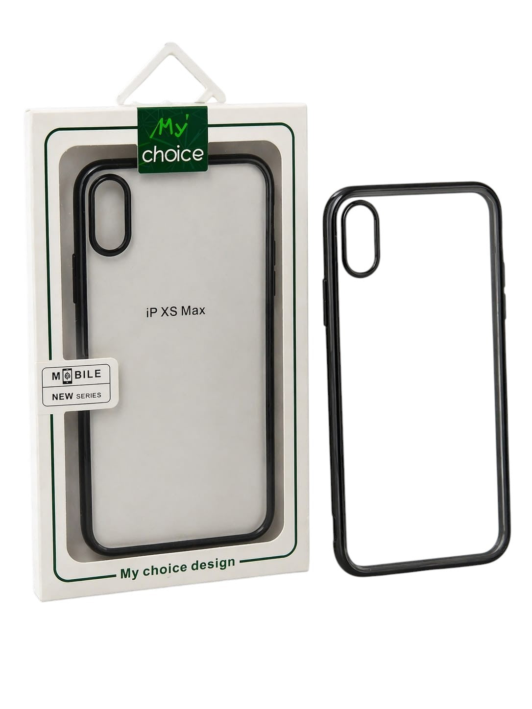 OBtech transparent iPhone XS Max case with a sleek black border in retail packaging on a marble surface.
