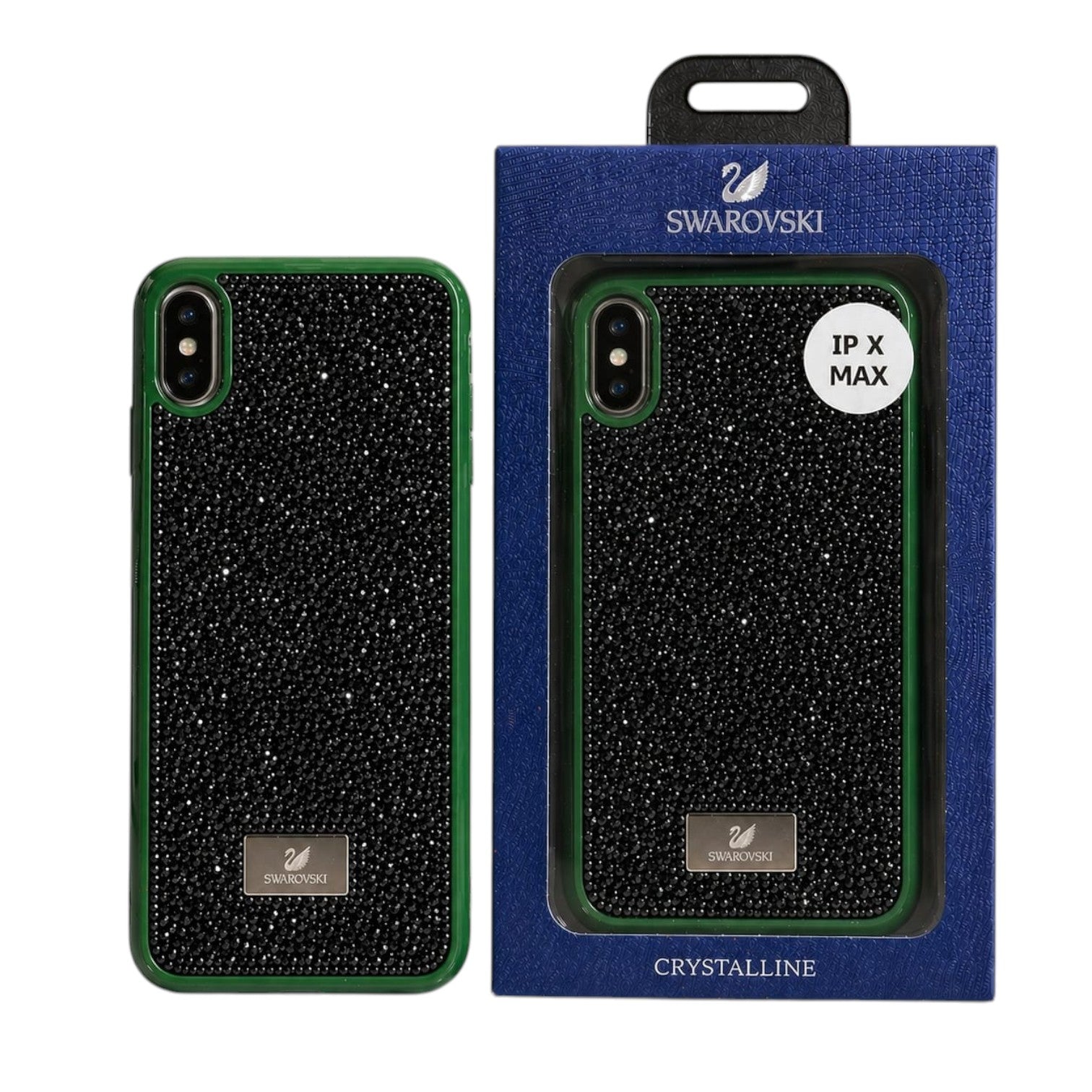 OBtech iPhone XS Max case with black Swarovski crystals and green frame in original blue retail packaging