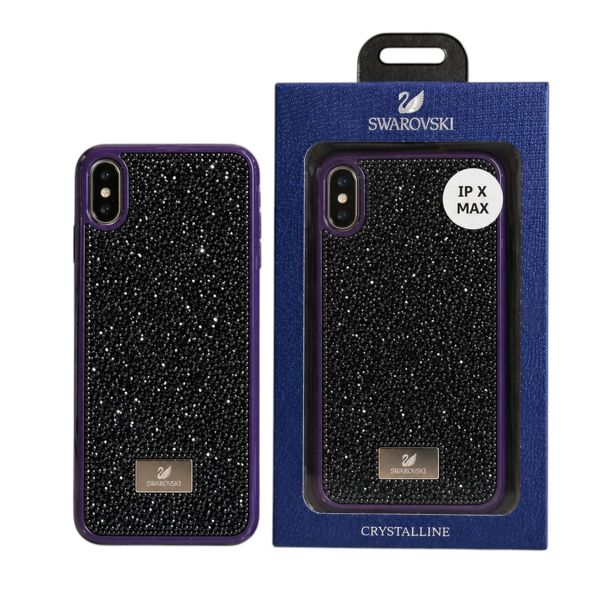 OBtech iPhone XS Max case featuring a black Swarovski crystal glitter finish and protective purple frame in packaging
