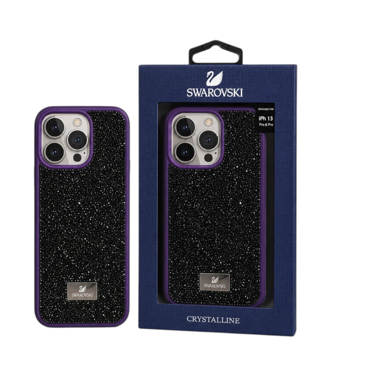 OBtech iPhone XS Max black glitter protective case with purple trim and Swarovski crystal detailing