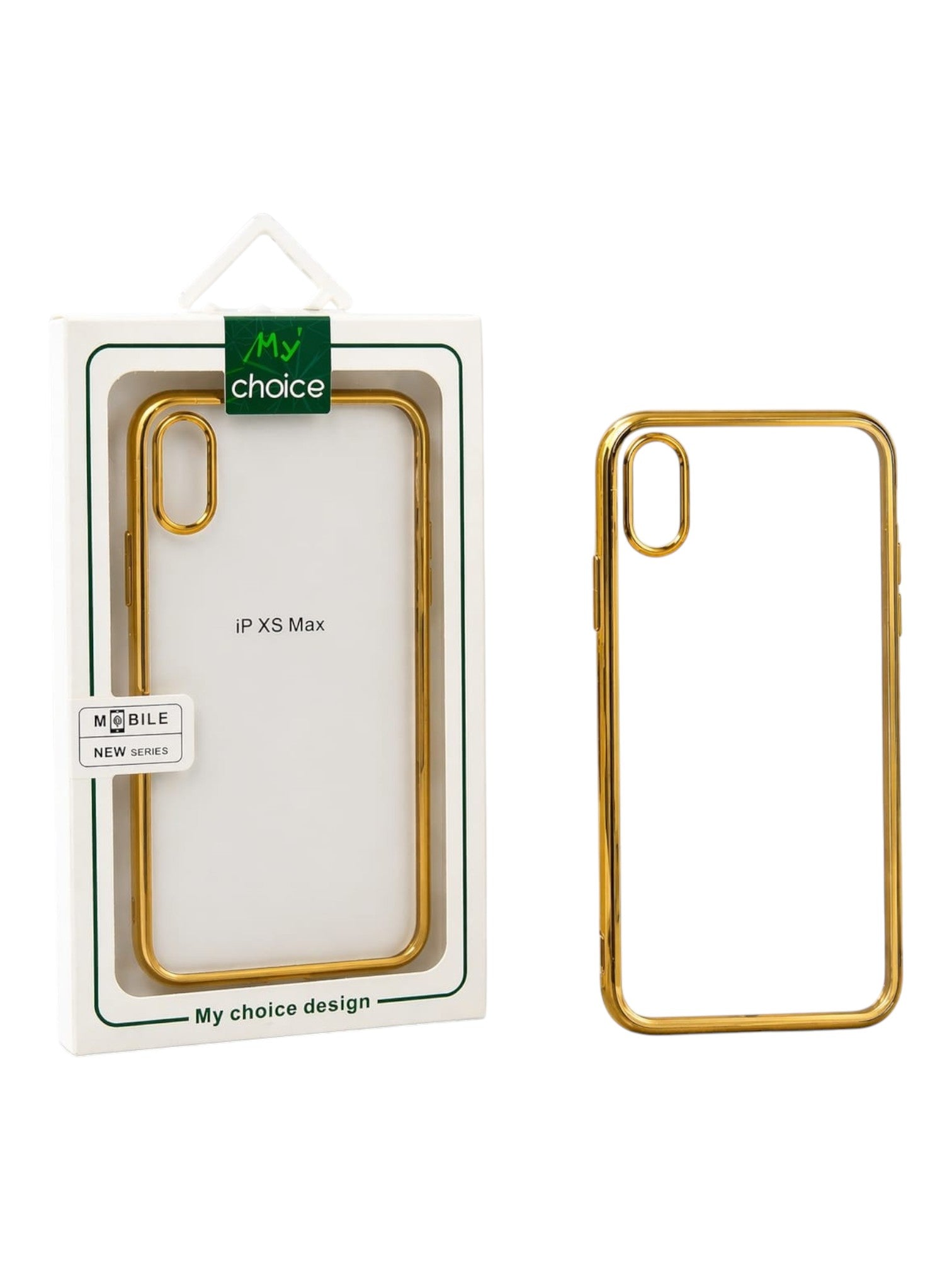 OBtech iPhone XS Max case with a premium metallic gold border and transparent back in retail packaging